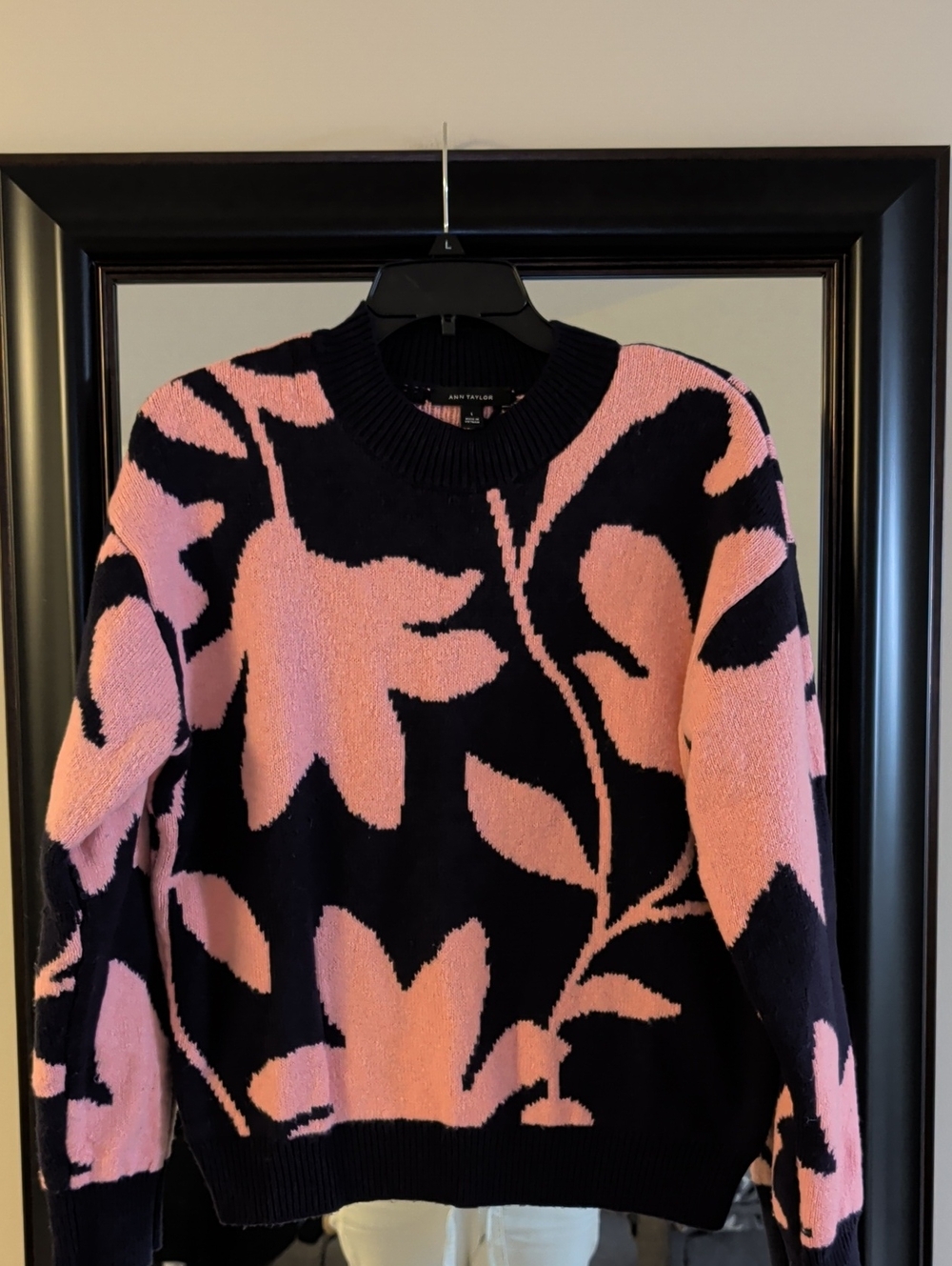 Ann Taylor Navy and Pink Floral Crewneck Sweater